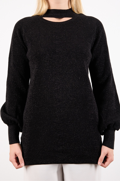 Moda Days Women's Black Raglan Balloon Sleeve Choker Neck Glitter Knit Sweater