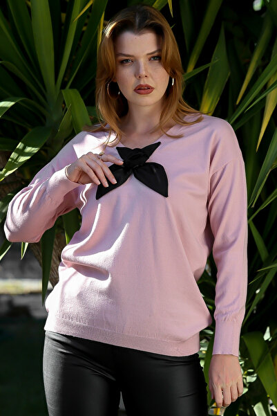 Chiccy Salmon Color V-Neck Long Sleeve Bow Detail Casual Knitwear Sweater 65 60