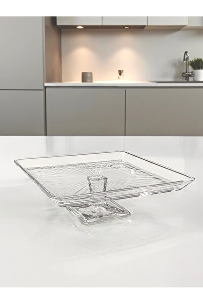 Paşabahçe Footed Glass Presentation Serving Plate Square Stylish Cake Pastry Presentation Dish 24X24