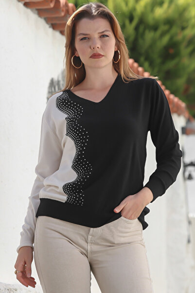 Chiccy Μαύρο-μπεζ πλεκτό πουλόβερ με μακρύ μανίκι με λαιμόκοψη σε σχήμα V 65 60