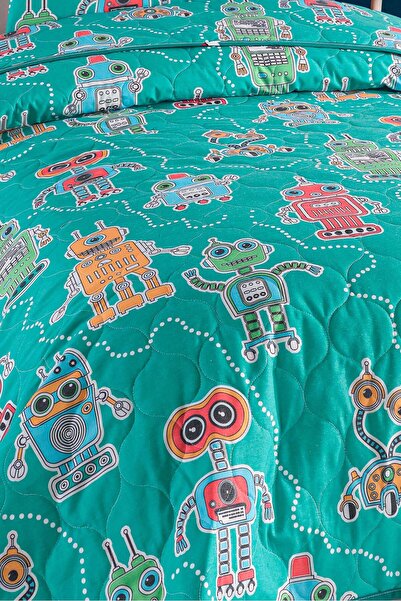 Eponj Home Yatak Örtüsü Seti Tek Kişilik Pamuklu 2 Parça – Roboti Desen – Yeşil / Yumuşak Dokulu