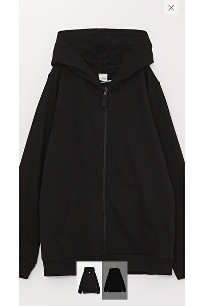 LC Waikiki Kapşonlu fermuarlı siyah swearshirt