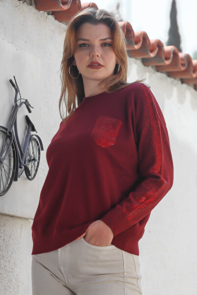 Chiccy Μπορντό πουλόβερ με στρογγυλή λαιμόκοψη, μακρύ μανίκι, με κουμπιά στο πίσω μέρος και πέτρες, casual πλεκτό πουλόβερ 65 60