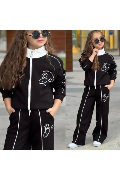 RAPAPA Girl's Fleece-Lined Black Tracksuit Set – Zippered Sport Style 43122