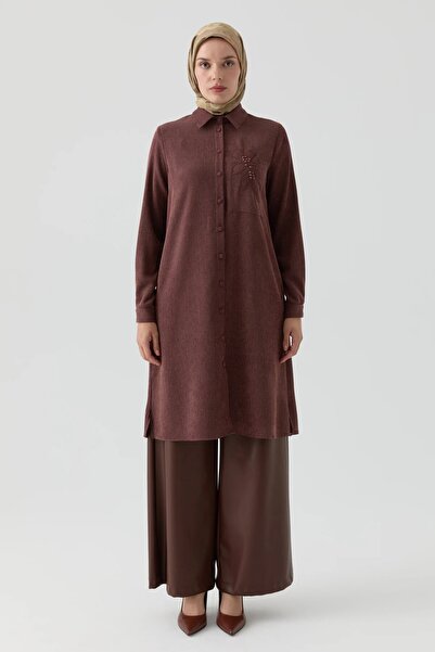 Tuğba Aplike Lazer Nakış Detaylı Tunik - Kahve