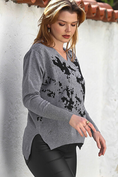 Chiccy Gray Melange V-Neck Long Sleeve Patterned Slit Glitter Casual Knitwear Sweater 65 60