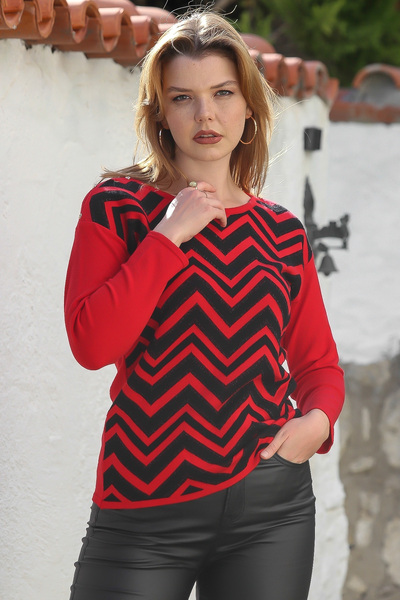 Chiccy Red Boat Neck Long Sleeve Zigzag Patterned Casual Knitwear Sweater 65 60