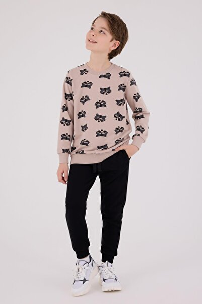 Rolypoly Roly Poly Boys' Beige Patterned Cotton Long Sleeve Tracksuit Set