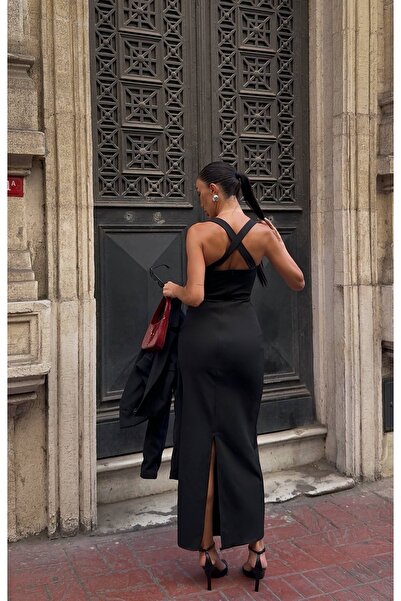 Berf Black Strap Backless Dress and Double-Breasted Detailed Crop Jacket Set