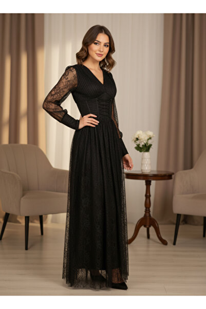 Opera Fashion Black lace evening dress with sheer sleeves and elegant corset design