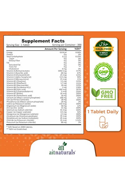 aitnaturals Women and Men Multivitamin - 300 Tablets | Vitamins A,C,D,E,K,B12 & Minerals
