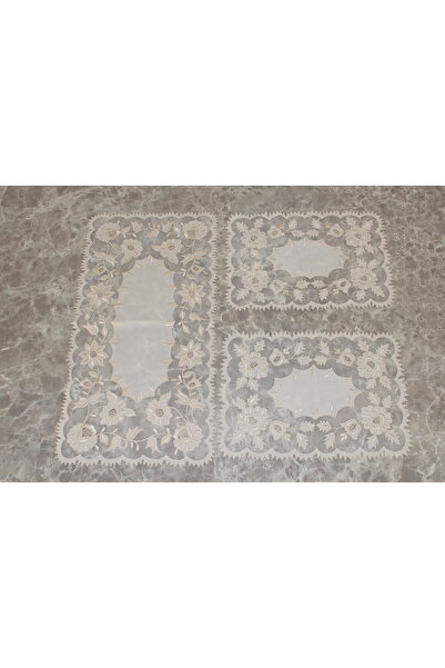 HUZUR ÇEYİZ Kilis İşi Rose Pattern 3-Piece Coffee Table Set