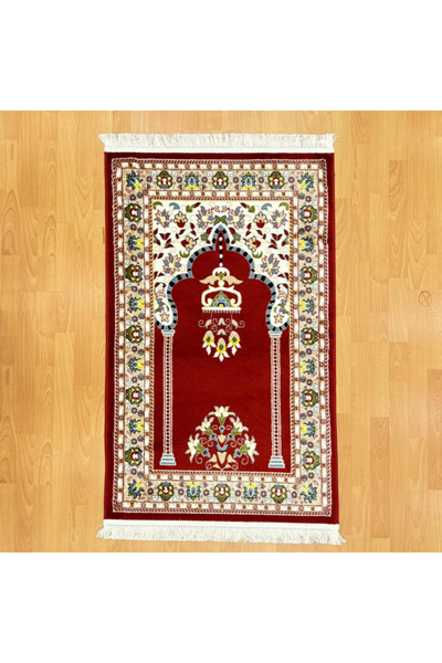 MEVLANA BAZAAR سجادة صلاة من الصوف بنقوش تقليدية باللون الأحمر