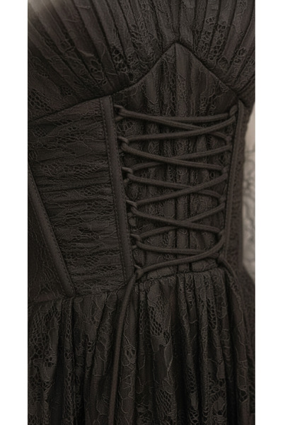 Opera Fashion Black lace evening dress with sheer sleeves and elegant corset design