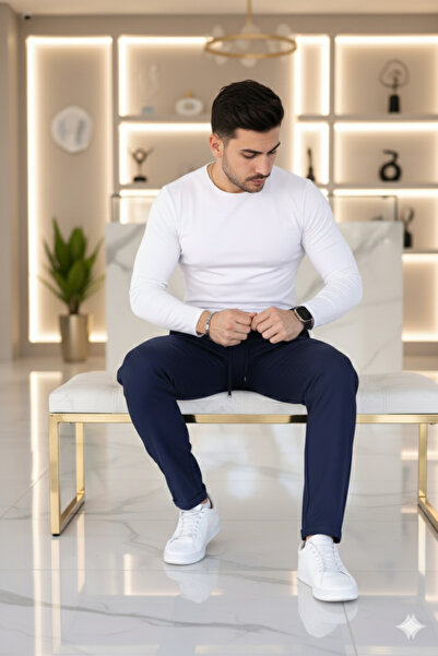 Mamlay Navy Blue Elastic Waist Lace-Up Jogger Pants