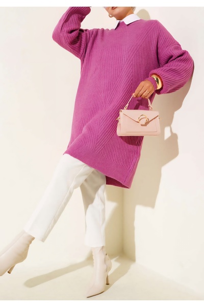 Vaniza Embossed Asymmetrical Striped Knitwear Tunic Sweater