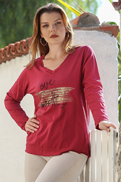 Chiccy İtalyan Kırmızı V Yaka Uzun Kol Taşlı Dokuma Garnili Varak Baskılı Casual Penye Örme Bluz 70 60