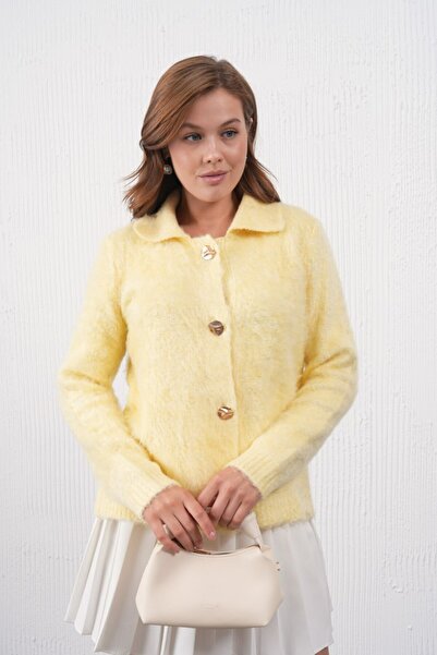 Miss Allos Women's Plush Knit Cardigan with Collar and Button Detail