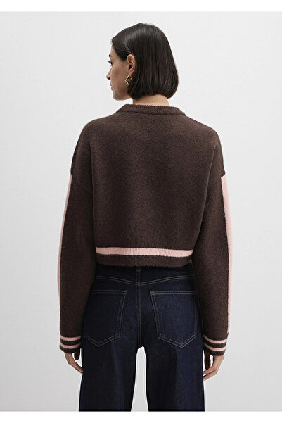 Mavi Çizgi Detaylı Kahverengi Kazak Crop / Kısa Kesim 1710876-70251