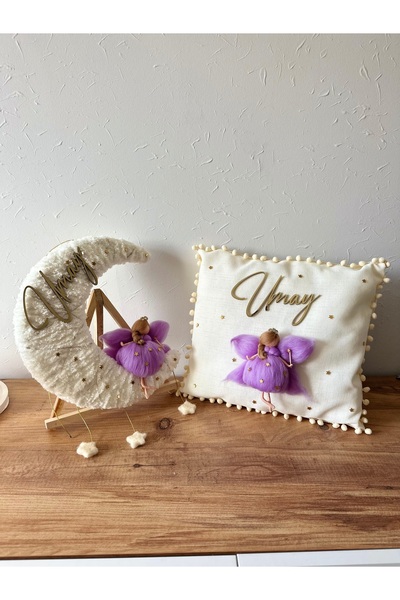 KRVTASARIM KRV TASARIM Ledli Peri Bebekli Ay Kapı Süsü Takı Yastığı Keçe Bebekli