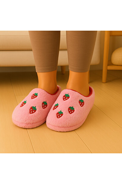 ALB TERLİK AYAKKABI SAN. TİC. LTD. ŞTİ. Women's Strawberry Patterned Plush House Slippers – Soft, Warm, Non-Slip Sole Winter Slippers