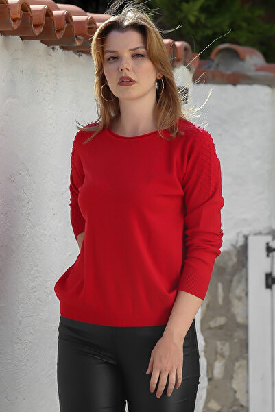 Chiccy Pulover tricotaj ajurat casual cu mâneci raglan cu gât roșu 65 60