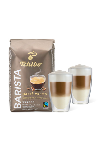 Tchibo Barista Caffè Crema Çekirdek Kahve 500 g & Çift Cidarlı Latte Macchiato Bardağı, 2'li