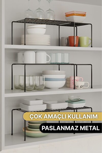 Bino 3 ADET Genişletilebilir Dolap İçi Düzenleyici Raf Organizer Siyah Metal Ayarlanabilir 2 Parçalı