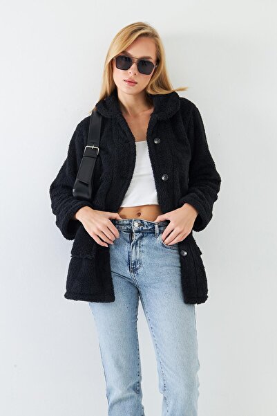 Kutaf Palton de pluș pentru femei, negru, cu nasturi, fără căptușeală, cu buz...