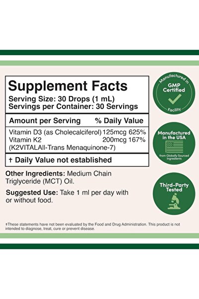 Double Wood Supplements Vitamin D3 K2 5,000 IU Liquid Drops (5,000 IU D3 + 200 mcg K2 MK-7) -