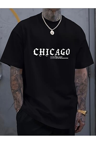FUFLUNS Chicago Printed Oversize Men's Crop Neck T-Shirt