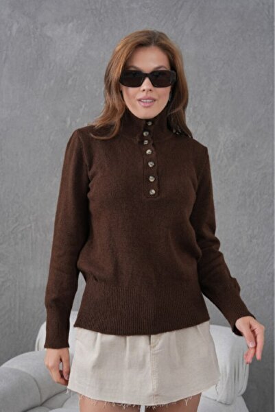 Miss Allos Women's High Neck and Buttoned Front Knit Sweater
