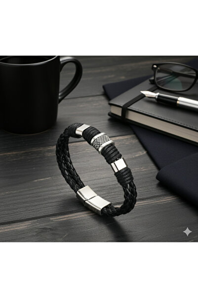 Kaan Accessoire Örgü Deri ve Çelik Erkek Bileklik