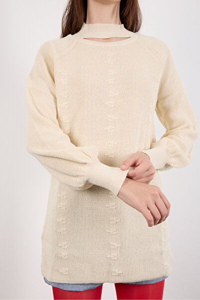 Moda Days Women's Ecru Raglan Balloon Sleeve Choker Neck Glitter Knit Sweater