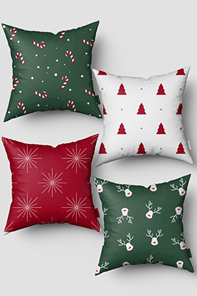 EsnafAli Зелено-червен комплект от 4 калъфа за възглавници с мотив на коледни...