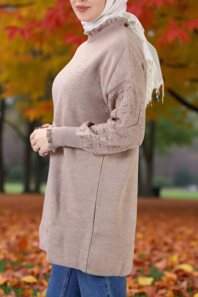 Qlees Fashion Πουλόβερ με λαβή με ποντόνι, ανάγλυφο πλεκτό σχέδιο, ελαφρύ βιζόν, πλεκτό τούνικ πουλόβερ