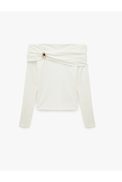 Koton Long Sleeve Off-The-Shoulder Madonna Collar Knit Sweater with Accessory Detail