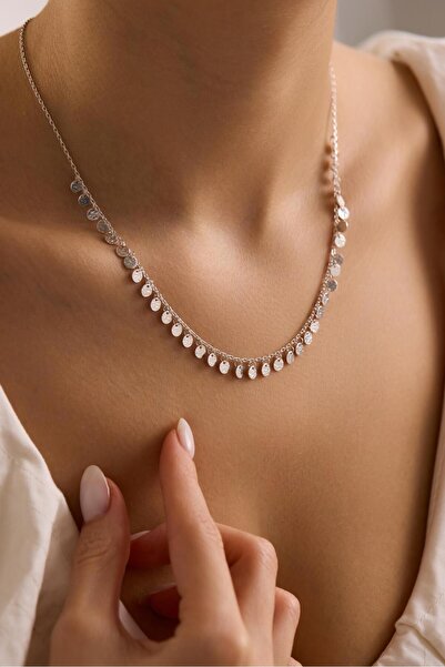 Nereze 925 Ayar Gümüş Rodyum Kaplama Minimal Otantik Pullu Model Kolye