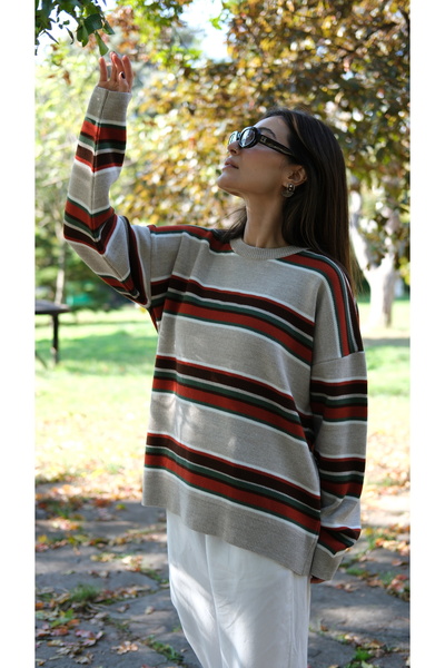 Butik Una Fiaba- Oversized Crew Neck Striped Women's Sweater