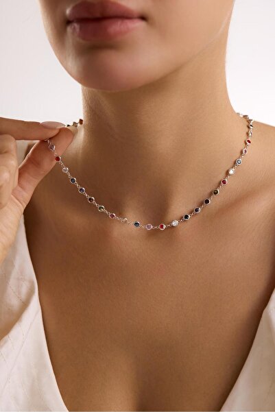 Nereze 925 Ayar Gümüş Rodyum Kaplama 4 mm Renkli Zirkon Taşlı Kolye