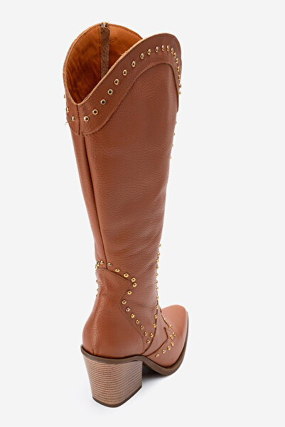 Dericlub Women's High Heel Pointed Toe Boots Real Leather Zy 1608 Taba