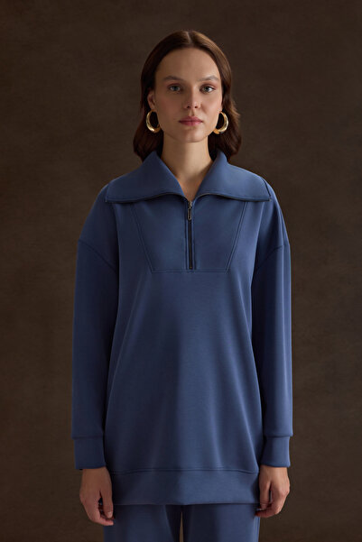 Aker Yakası ve Yan Yırtmaçları Fermuarlı Modal Sweatshirt