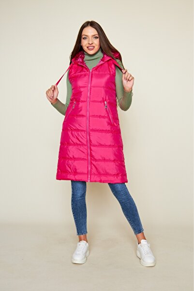 comstar Vestă de iarnă pentru femei, lungă, cu glugă, căptușită, fucsia