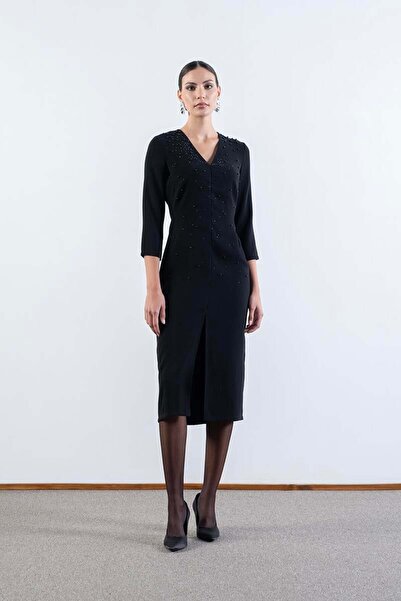 Spazio Eriberta V Yaka Önü Boncuk Taş İşlemeli Midi Abiye Elbise SİYAH