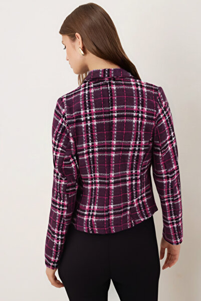 armonika Women's Fuchsia-White Double-Breasted Collar Tweed Crop Jacket Arm-24K001014