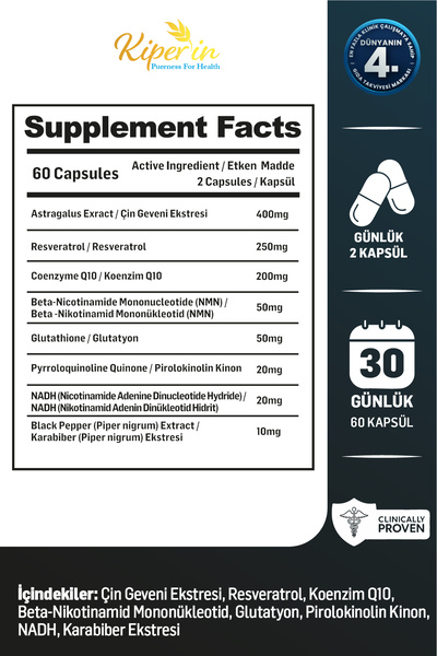 Kiperin Elixia ‘Longevity' | Yaşlanma Karşıtı | Resveratrol, Glutatyon, Koenzim Q10, NMN, NADH, PQQ