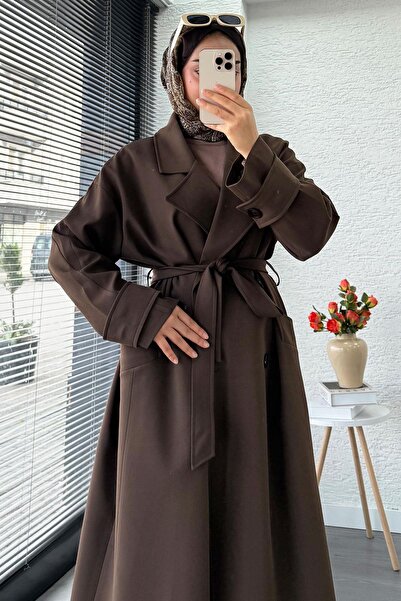 MELEK ARAZ Premium Cepli Oversize Kadın Trençkot – Kahverengi