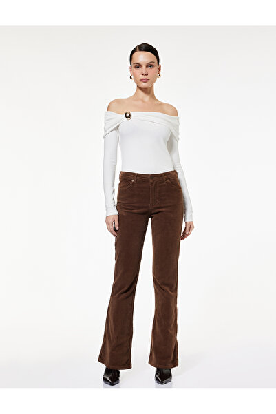 Koton Long Sleeve Off-The-Shoulder Madonna Collar Knit Sweater with Accessory Detail