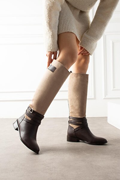 ShoeTek Suadx Women's Boots Thick Heel Ankle Wrap-Around Strap Tan Suede Brown Leather