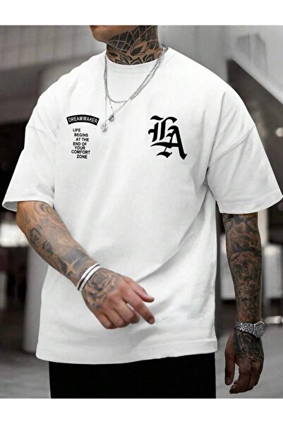 FUFLUNS تي شيرت رجالي كبير الحجم مطبوع عليه LA DREAMMAKER برقبة دائرية